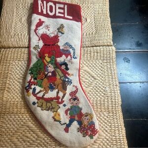 Vintage Festive Christmas Wool Embroidered Stocking with Santa Elves Design